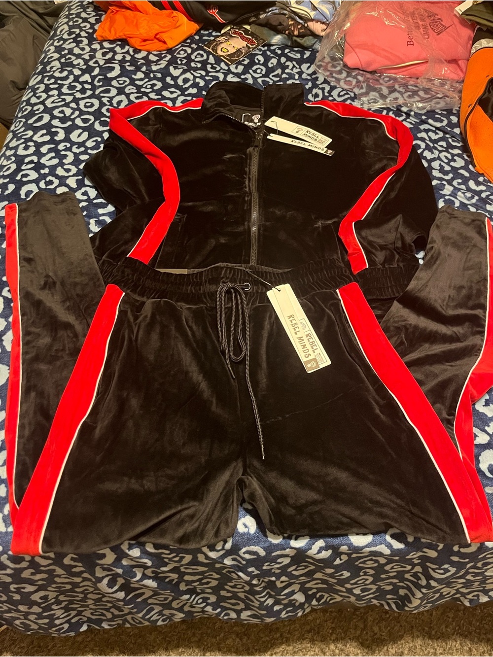 Rebel Minds Black Velour tracksuit with Red Panels